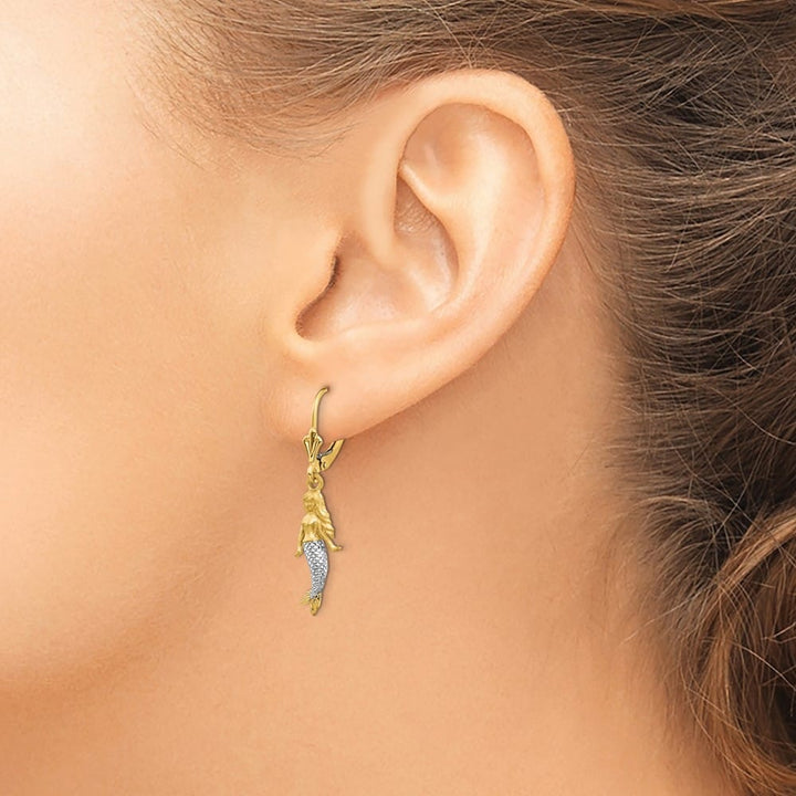 14K Yellow Gold White Rhodium and Mermaid Dangle Leverback Earrings, view 3 of 4