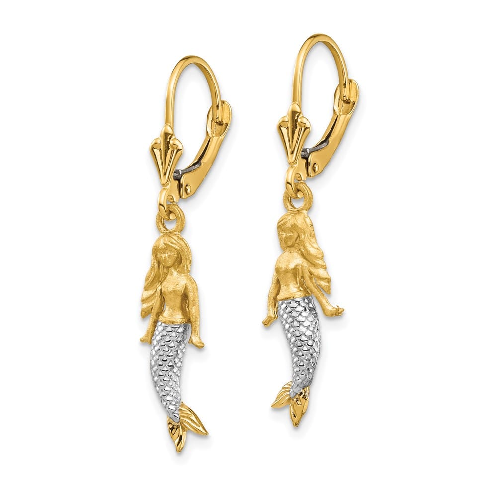 14K Yellow Gold White Rhodium and Mermaid Dangle Leverback Earrings, view 2 of 4