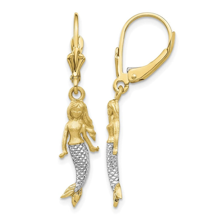 14K Yellow Gold White Rhodium and Mermaid Dangle Leverback Earrings, view 1 of 4