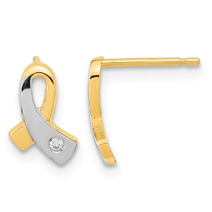 14K Yellow Gold White Rhodium CZ Awareness Ribbon Post Earrings, view 1 of 4