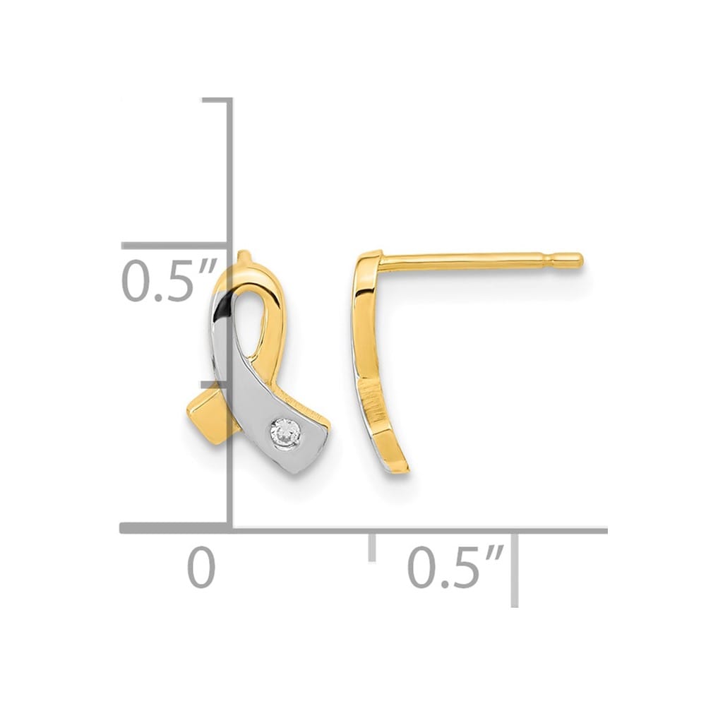 14K Yellow Gold White Rhodium CZ Awareness Ribbon Post Earrings, view 4 of 4
