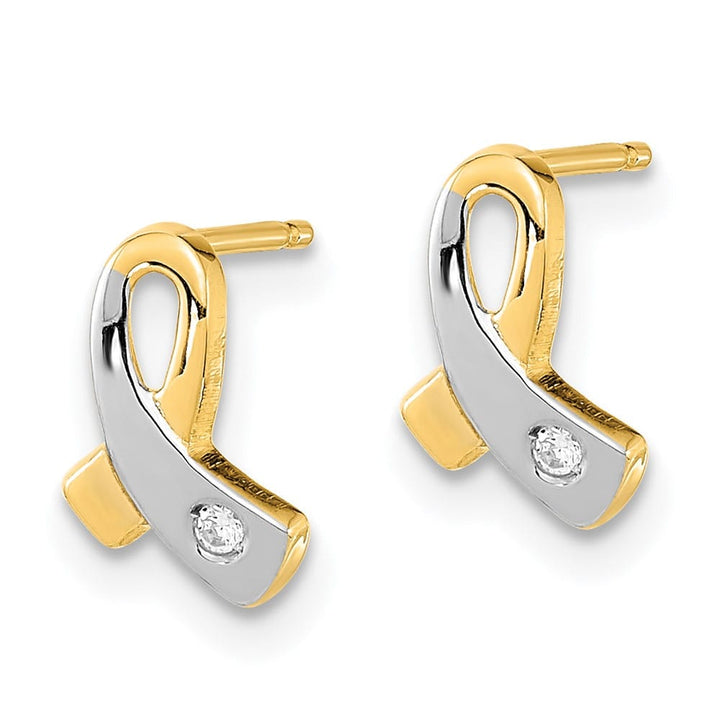 14K Yellow Gold White Rhodium CZ Awareness Ribbon Post Earrings, view 2 of 4