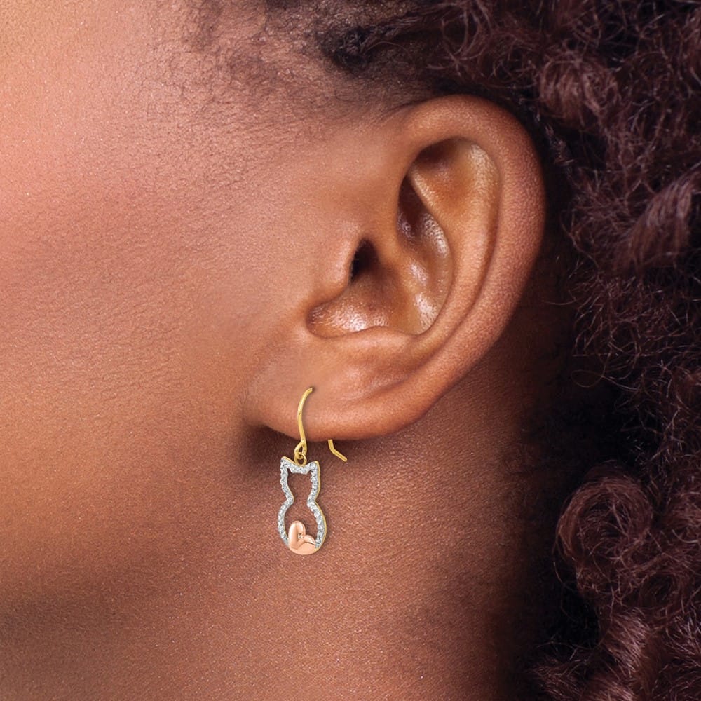 14K Yellow Gold White Rhodium D.C. Cat Outline Dangle Earrings, view 3 of 4