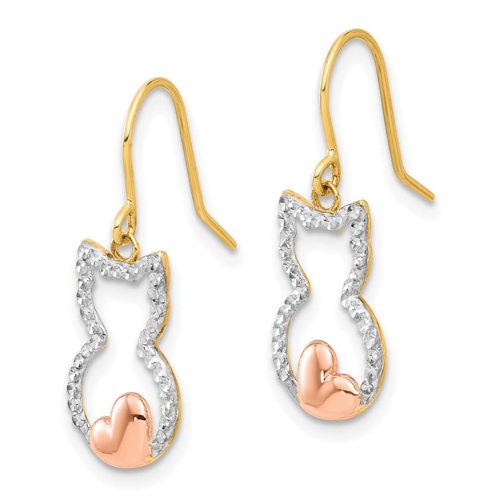 14K Yellow Gold White Rhodium D.C. Cat Outline Dangle Earrings, view 2 of 4