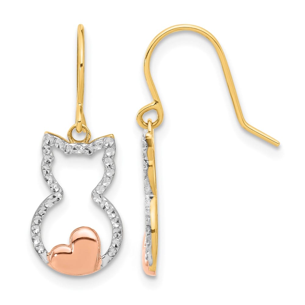 14K Yellow Gold White Rhodium D.C. Cat Outline Dangle Earrings, view 1 of 4