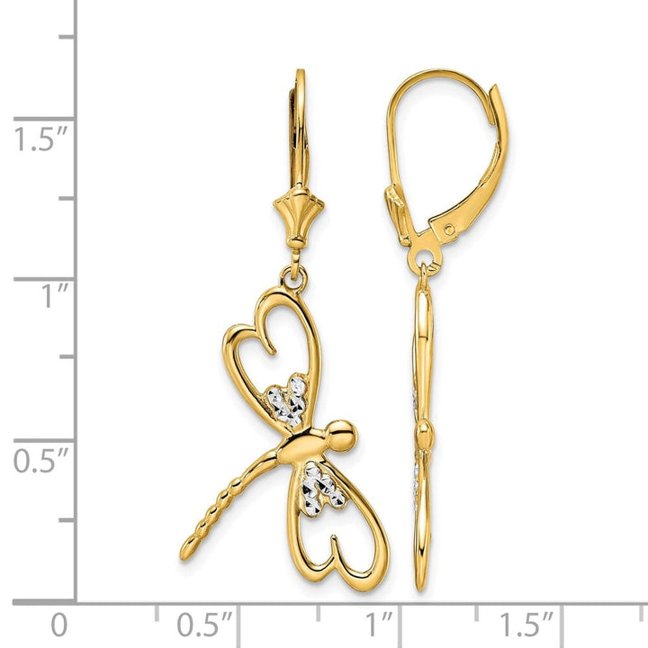 14K Yellow Gold White Rhodium D.C. Dragonfly Dangle Leverback Earrings, view 4 of 4