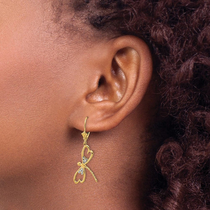 14K Yellow Gold White Rhodium D.C. Dragonfly Dangle Leverback Earrings, view 3 of 4