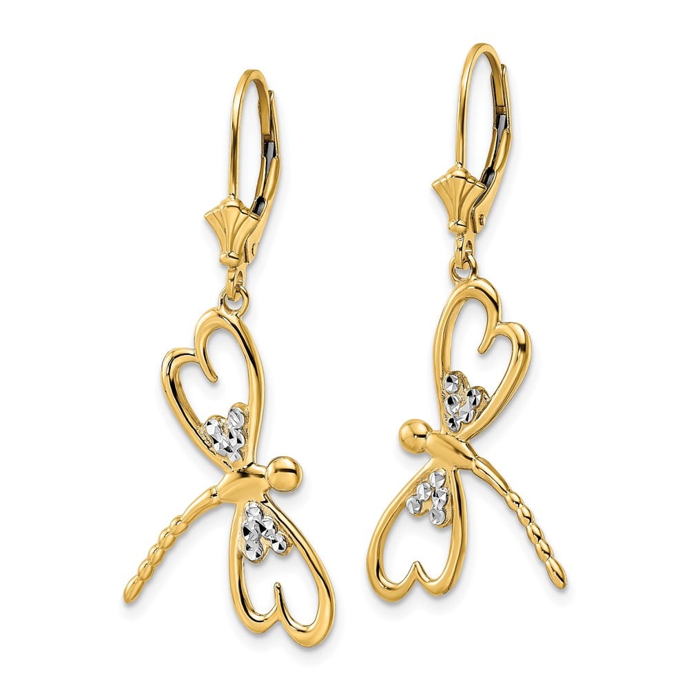 14K Yellow Gold White Rhodium D.C. Dragonfly Dangle Leverback Earrings, view 2 of 4