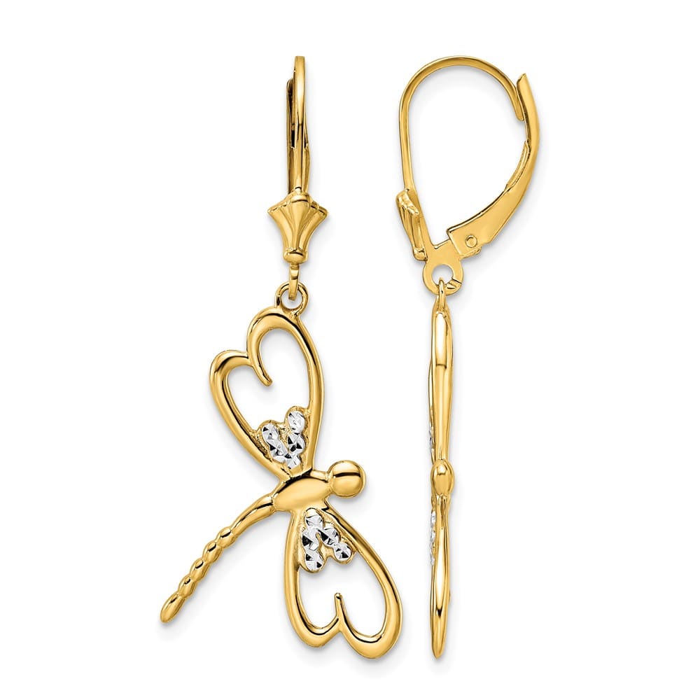 14K Yellow Gold White Rhodium D.C. Dragonfly Dangle Leverback Earrings, view 1 of 4