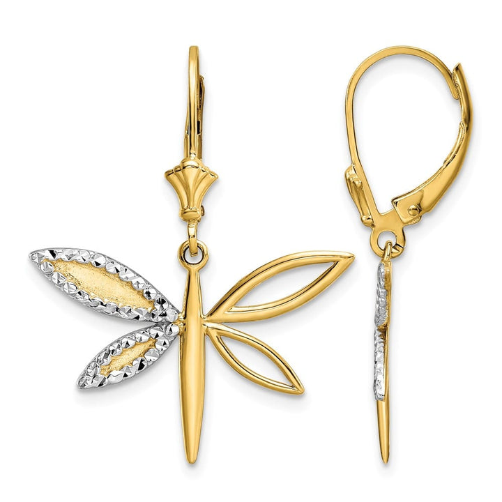 14K Yellow Gold White Rhodium D.C. Dragonfly Leverback Earrings, view 1 of 4