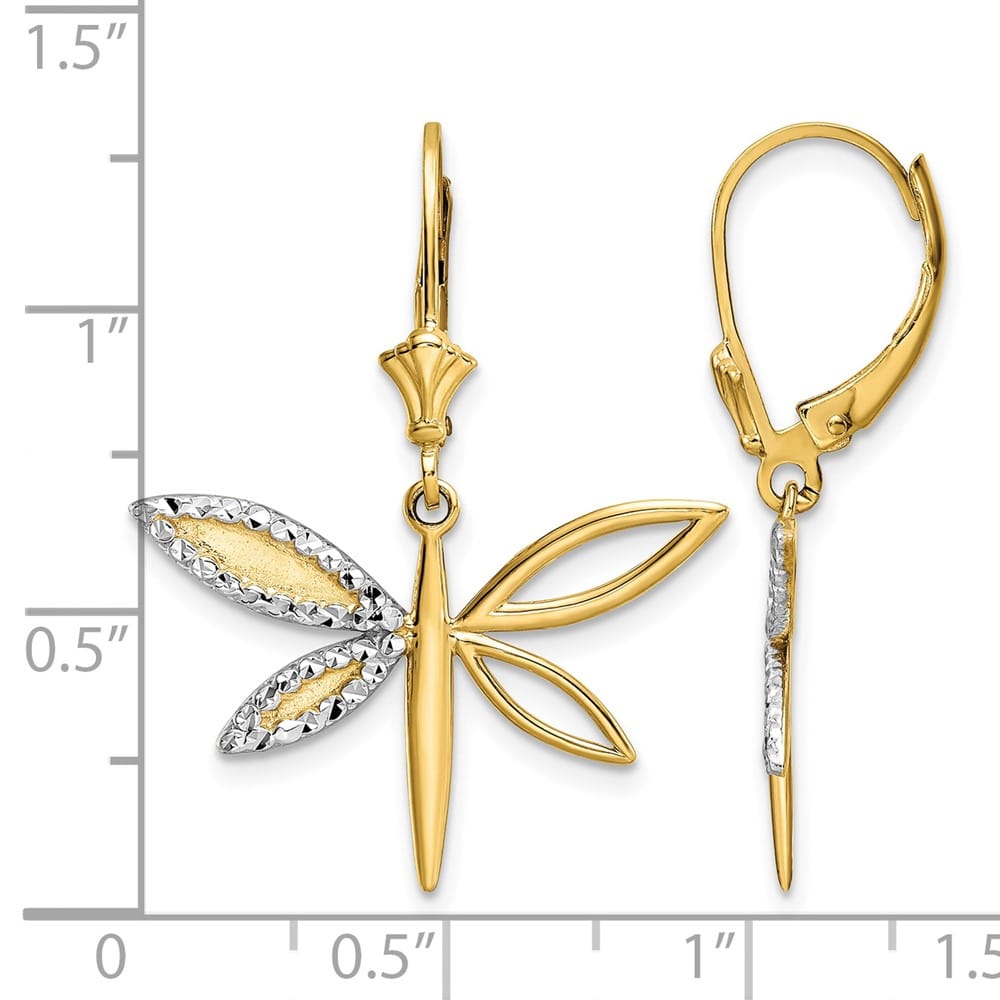 14K Yellow Gold White Rhodium D.C. Dragonfly Leverback Earrings, view 4 of 4