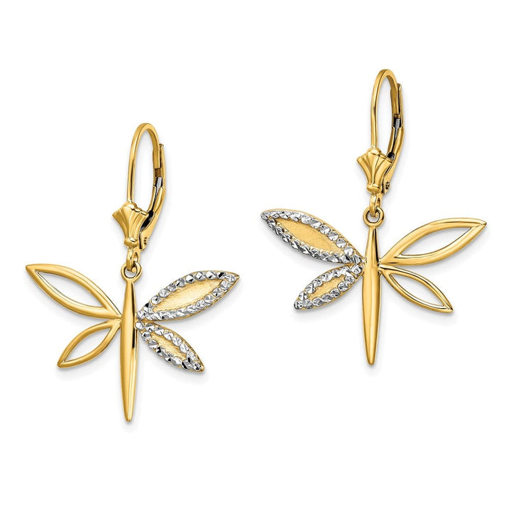 14K Yellow Gold White Rhodium D.C. Dragonfly Leverback Earrings, view 2 of 4