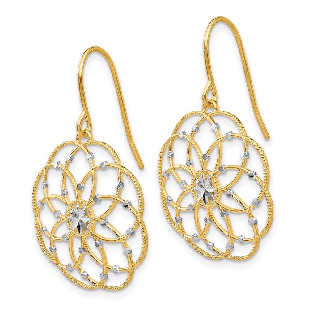 14K Yellow Gold White Rhodium D.C. Floral Dangle French Hook Earrings, view 2 of 4