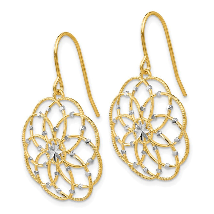 14K Yellow Gold White Rhodium D.C. Floral Dangle French Hook Earrings, view 2 of 4