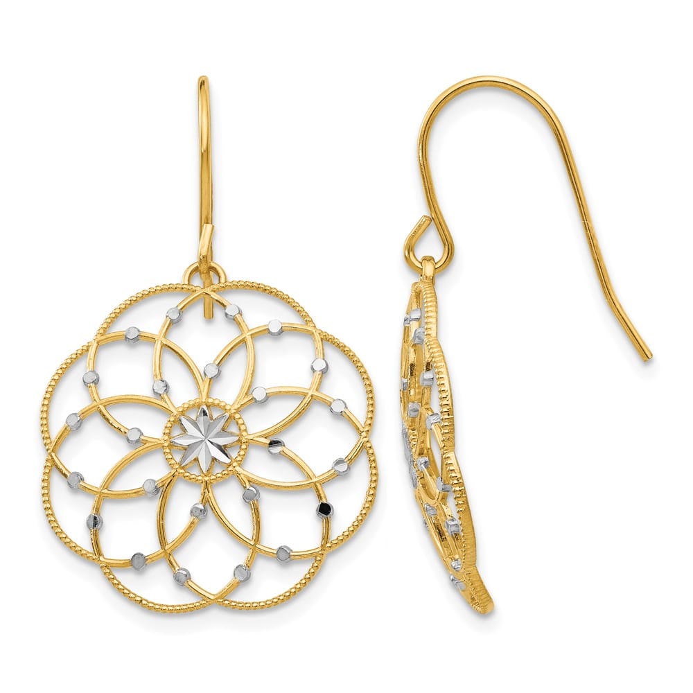 14K Yellow Gold White Rhodium D.C. Floral Dangle French Hook Earrings, view 1 of 4