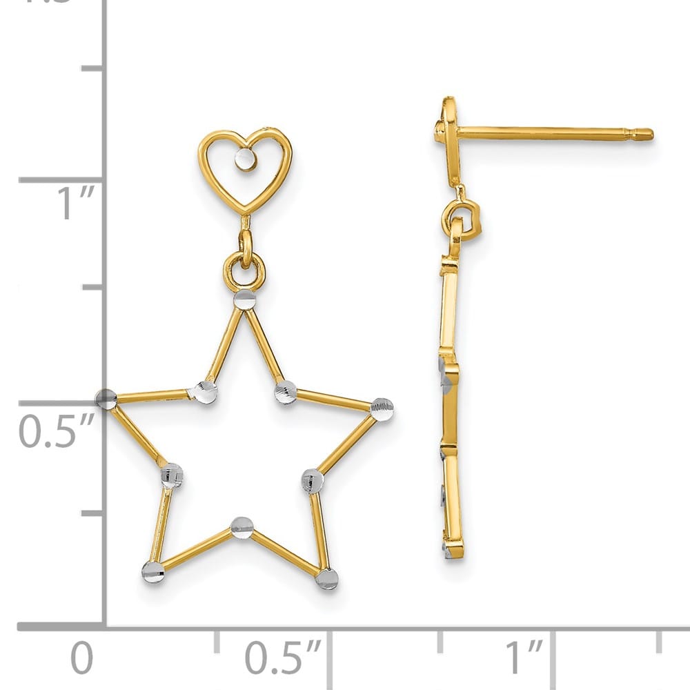 14K Yellow Gold White Rhodium D.C. Heart and Star Dangle Post Earrings, view 4 of 4