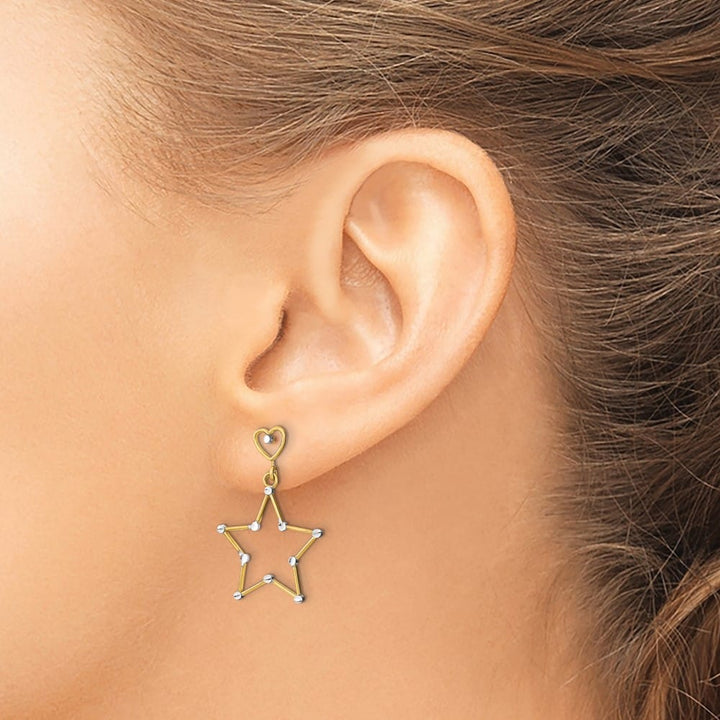 14K Yellow Gold White Rhodium D.C. Heart and Star Dangle Post Earrings, view 3 of 4
