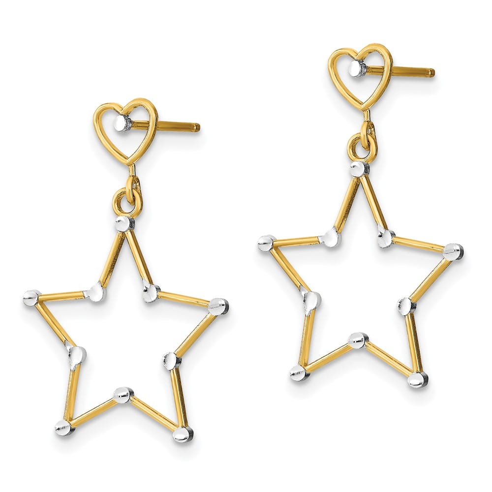 14K Yellow Gold White Rhodium D.C. Heart and Star Dangle Post Earrings, view 2 of 4
