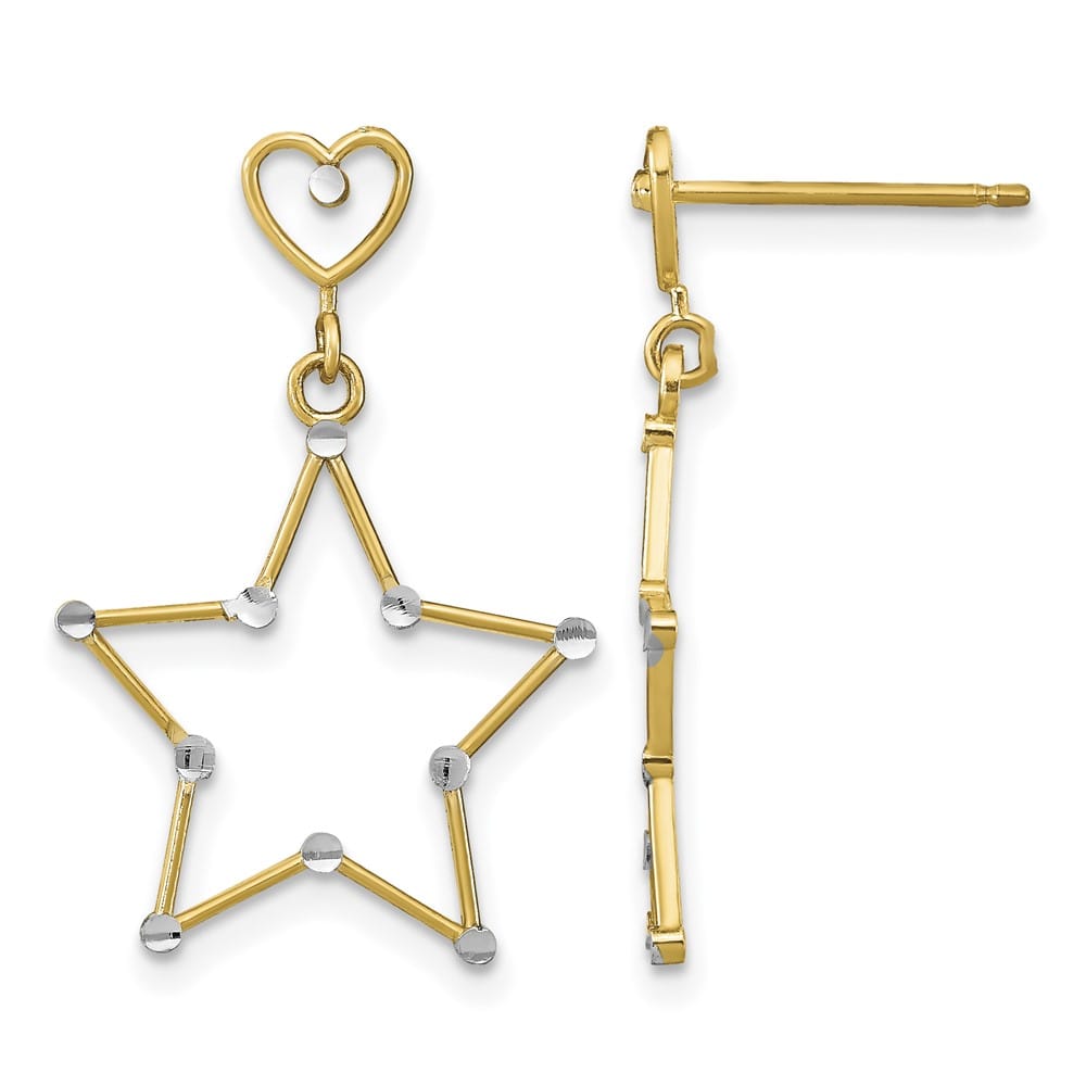 14K Yellow Gold White Rhodium D.C. Heart and Star Dangle Post Earrings, view 1 of 4