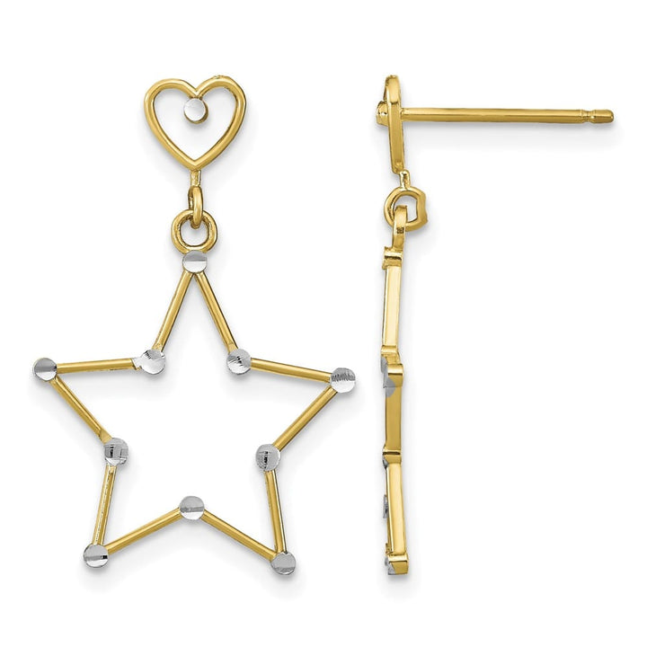 14K Yellow Gold White Rhodium D.C. Heart and Star Dangle Post Earrings, view 1 of 4