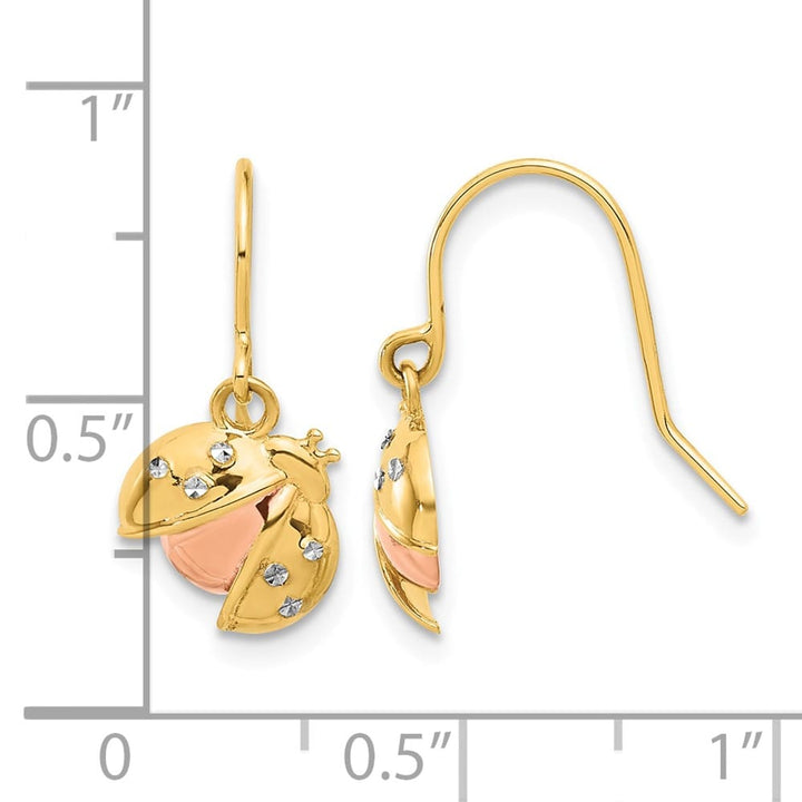14K Yellow Gold White Rhodium D.C. Ladybug Dangle French Hook Earrings, view 4 of 5