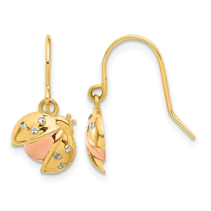 14K Yellow Gold White Rhodium D.C. Ladybug Dangle French Hook Earrings, view 1 of 5