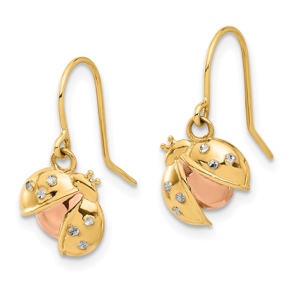 14K Yellow Gold White Rhodium D.C. Ladybug Dangle French Hook Earrings, view 2 of 5