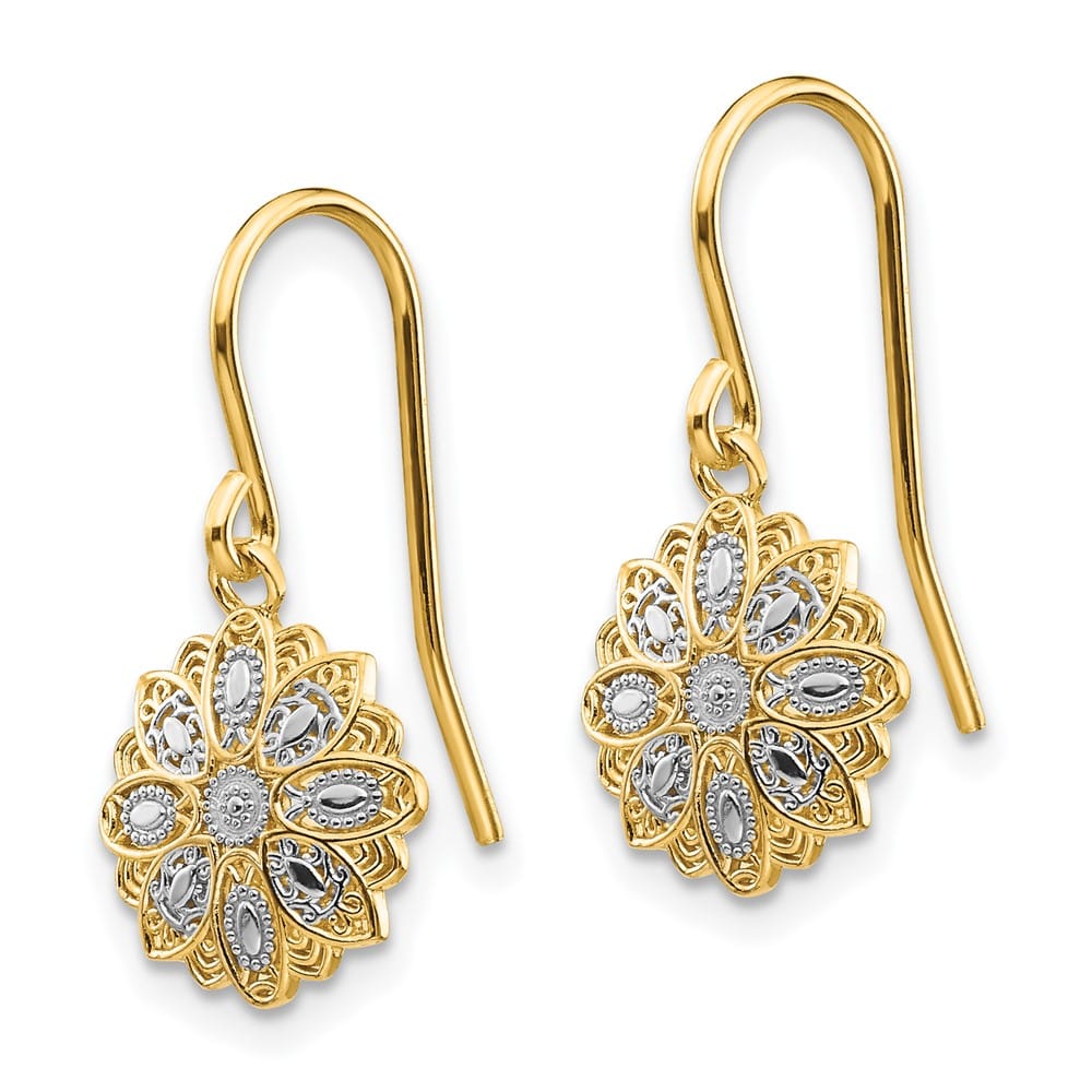 14K Yellow Gold White Rhodium D.C. Medallion Dangle Wire Earrings, view 2 of 4