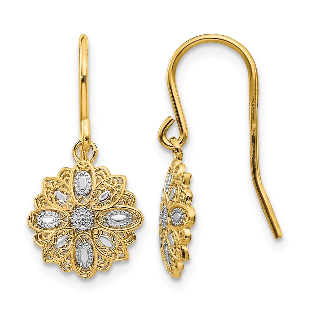 14K Yellow Gold White Rhodium D.C. Medallion Dangle Wire Earrings, view 1 of 4