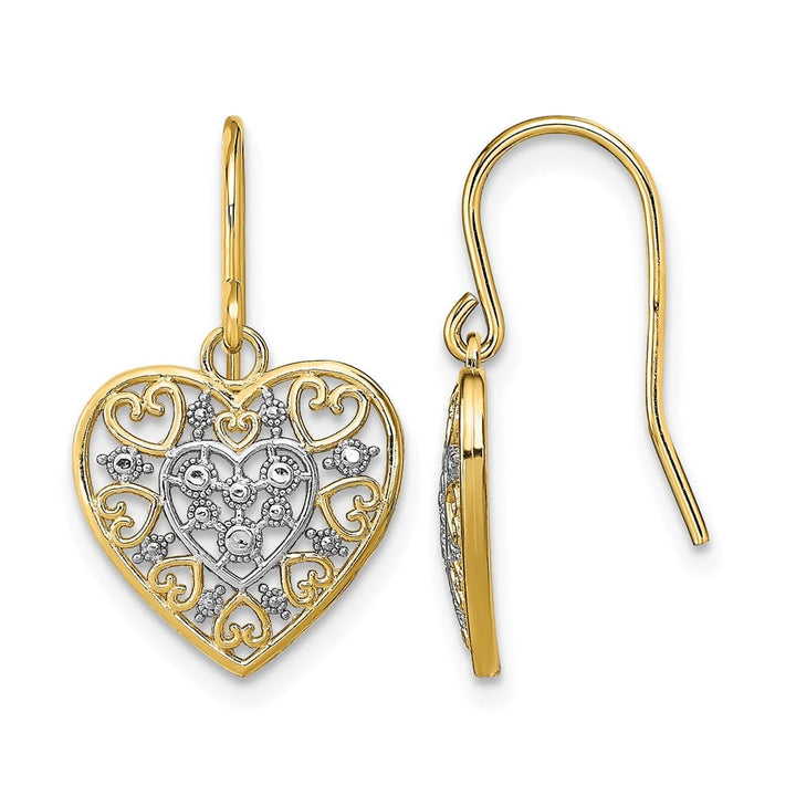 14K Yellow Gold White Rhodium Filigree Hearts French Hook Earrings, view 1 of 4