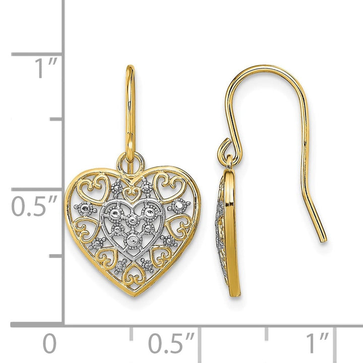 14K Yellow Gold White Rhodium Filigree Hearts French Hook Earrings, view 4 of 4