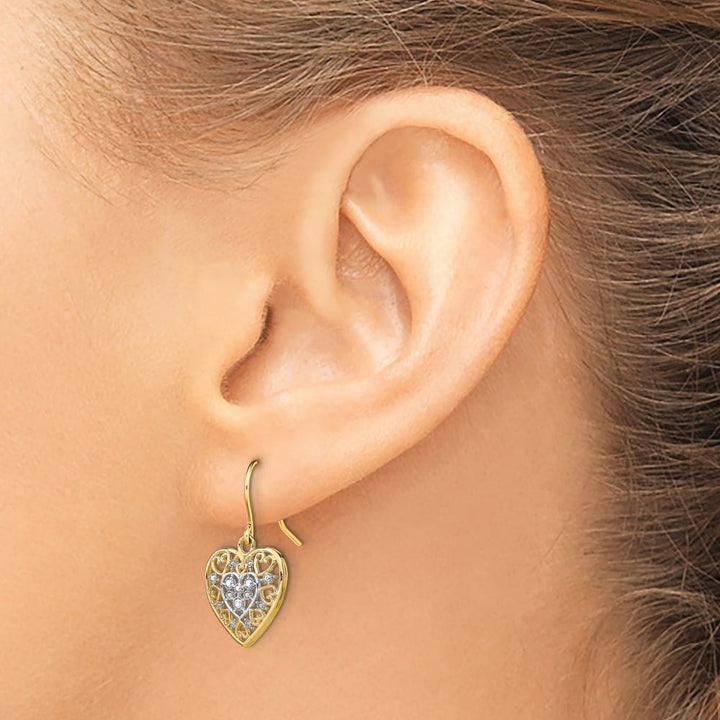 14K Yellow Gold White Rhodium Filigree Hearts French Hook Earrings, view 3 of 4