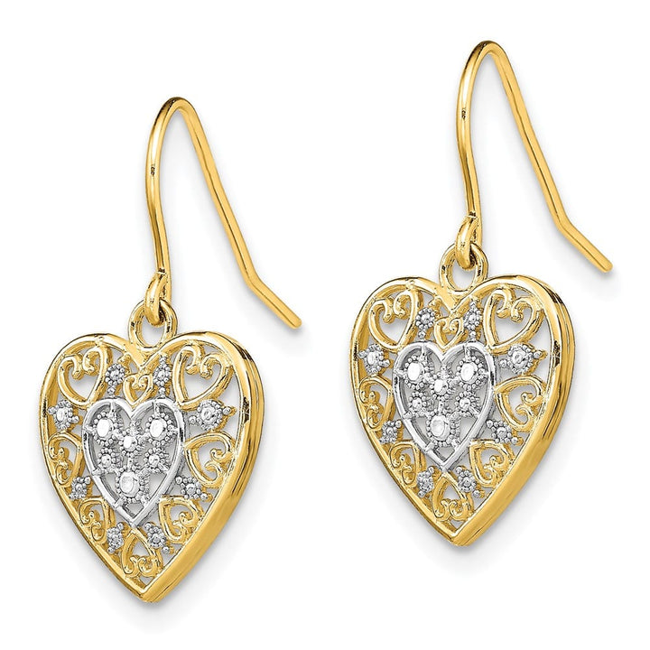 14K Yellow Gold White Rhodium Filigree Hearts French Hook Earrings, view 2 of 4