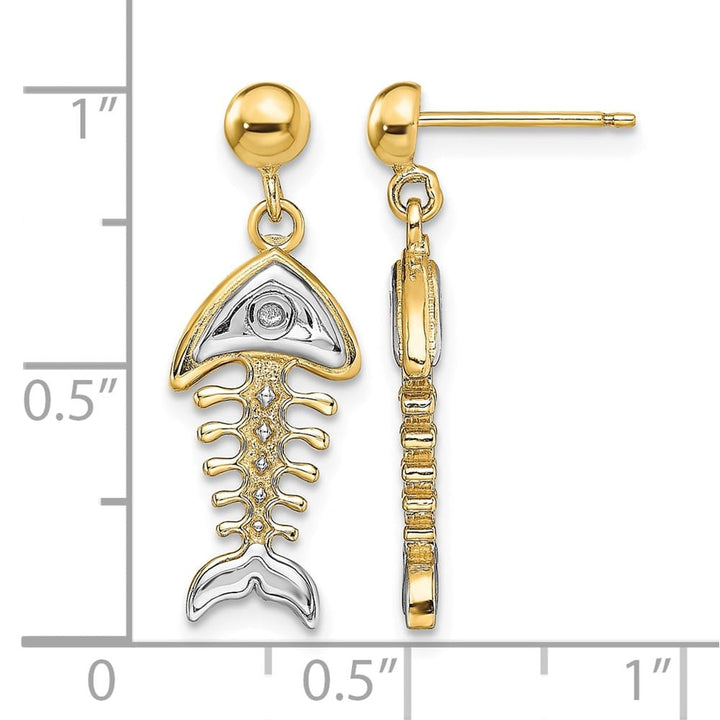 14K Yellow Gold White Rhodium Fishbone Dangle Post Earrings, view 4 of 4