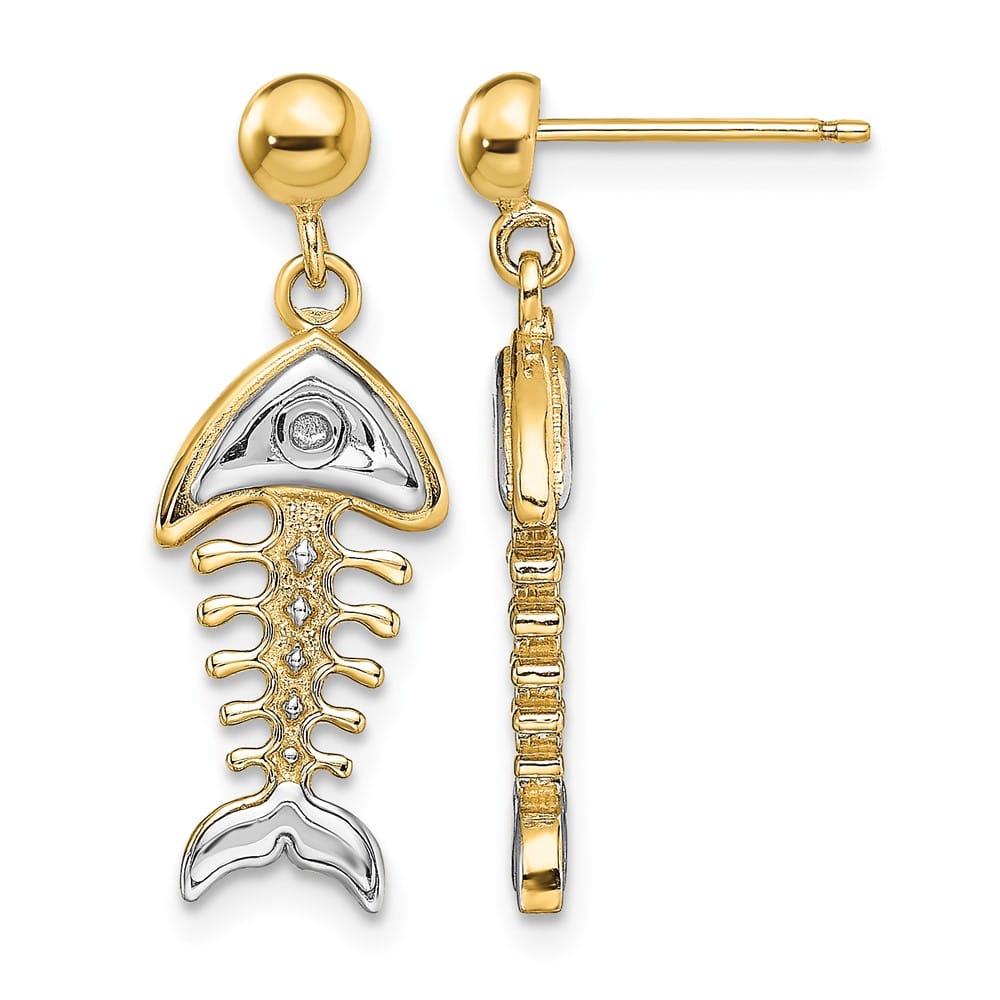 14K Yellow Gold White Rhodium Fishbone Dangle Post Earrings, view 1 of 4