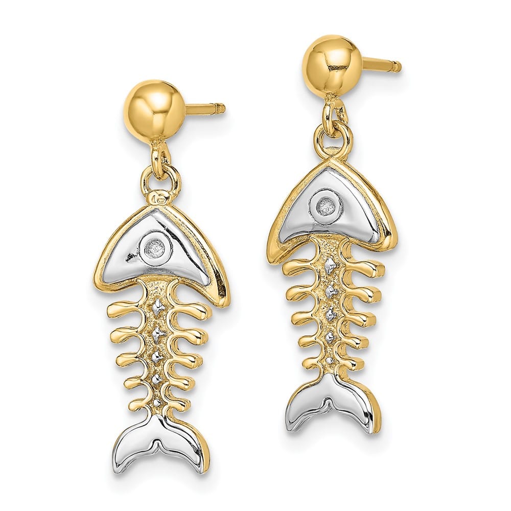 14K Yellow Gold White Rhodium Fishbone Dangle Post Earrings, view 2 of 4