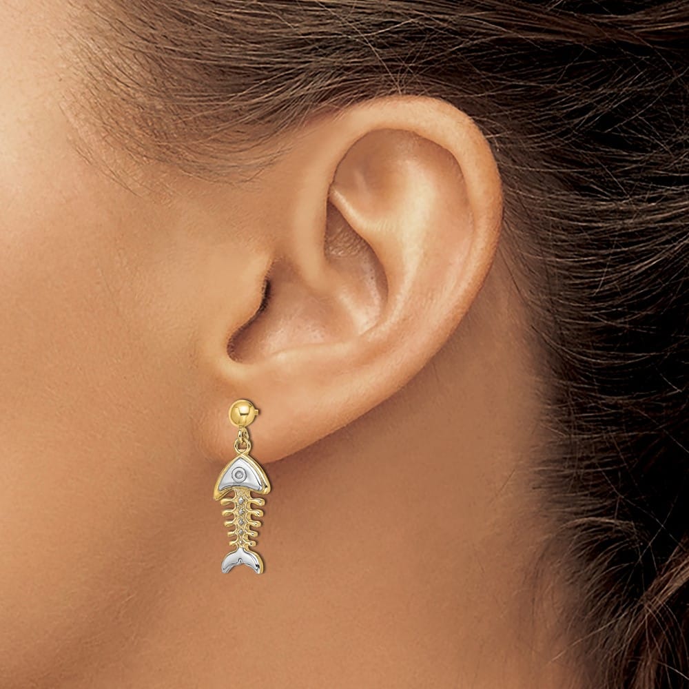 14K Yellow Gold White Rhodium Fishbone Dangle Post Earrings, view 3 of 4