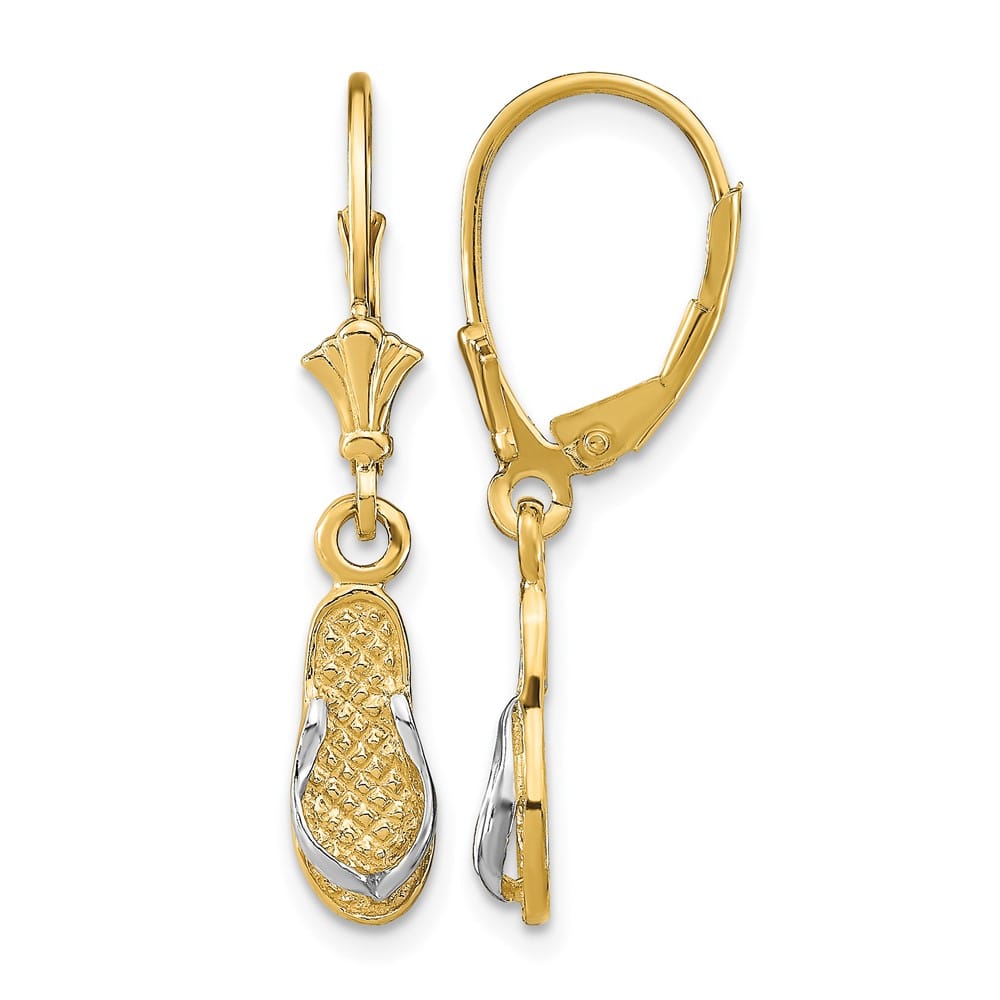 14K Yellow Gold White Rhodium Flip-Flop Dangle Leverback Earrings, view 1 of 4