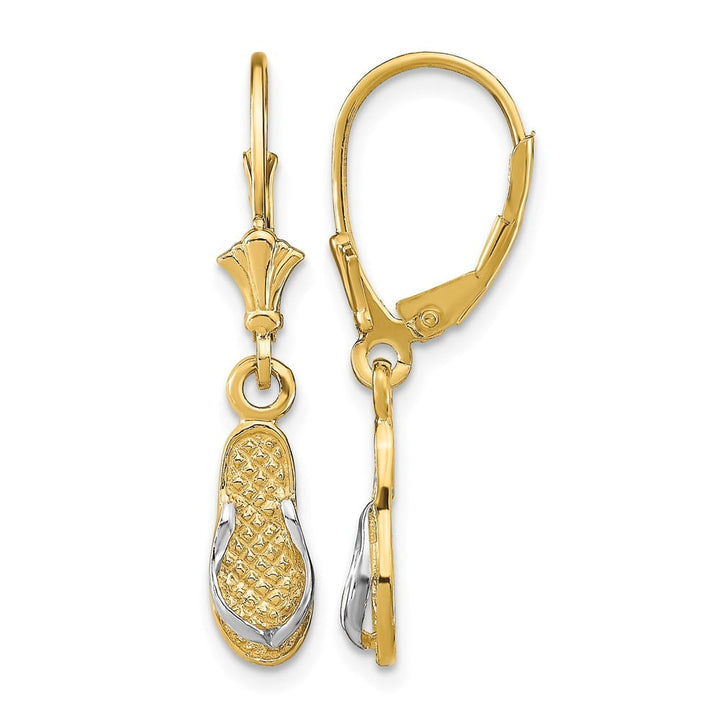 14K Yellow Gold White Rhodium Flip-Flop Dangle Leverback Earrings, view 1 of 4