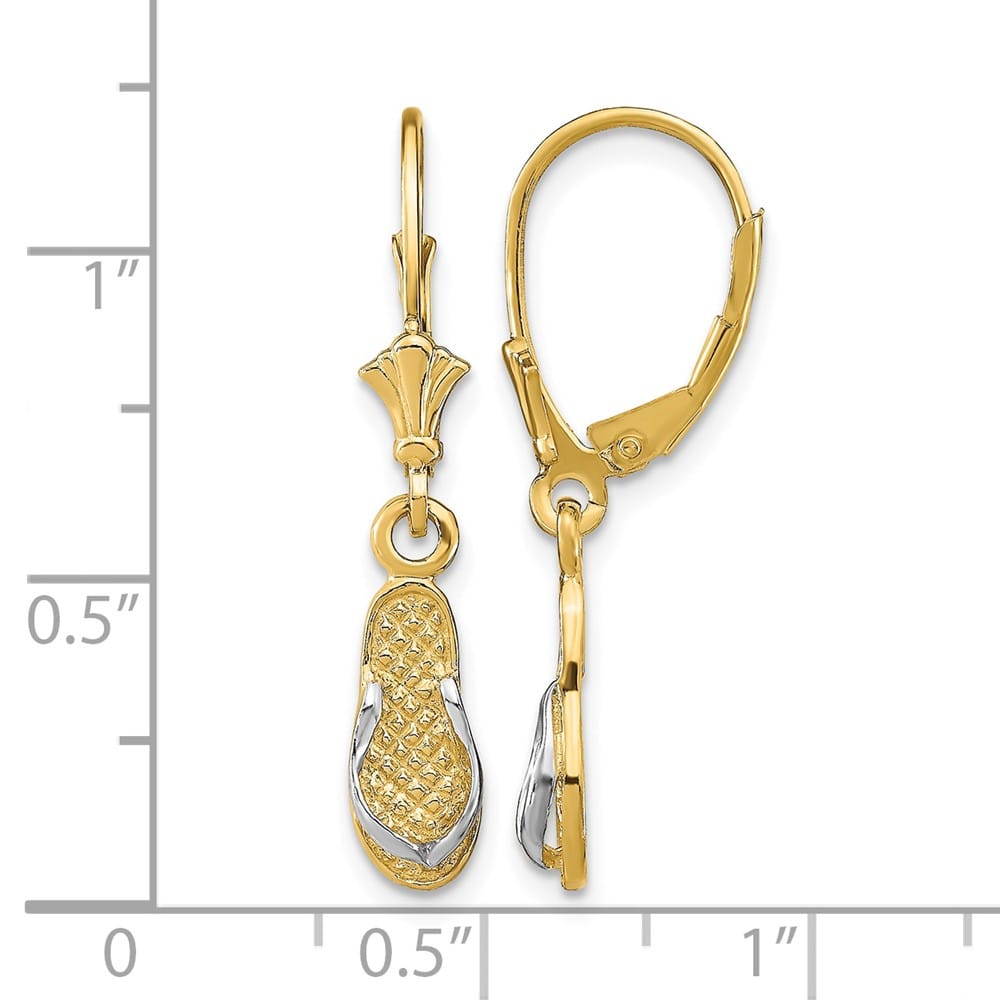 14K Yellow Gold White Rhodium Flip-Flop Dangle Leverback Earrings, view 4 of 4