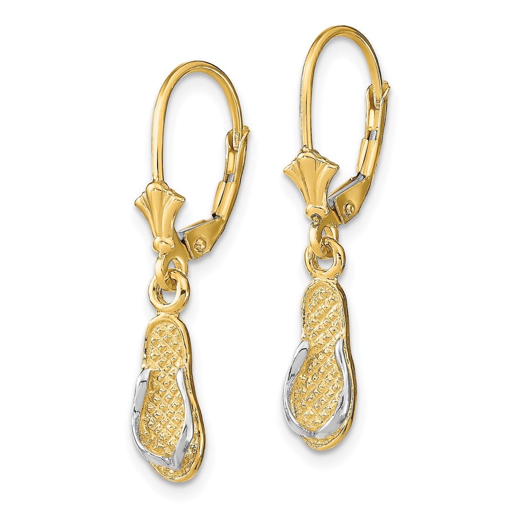 14K Yellow Gold White Rhodium Flip-Flop Dangle Leverback Earrings, view 2 of 4