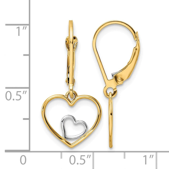 14K Yellow Gold White Rhodium Heart in Heart Leverback Dangle Earrings, view 4 of 4