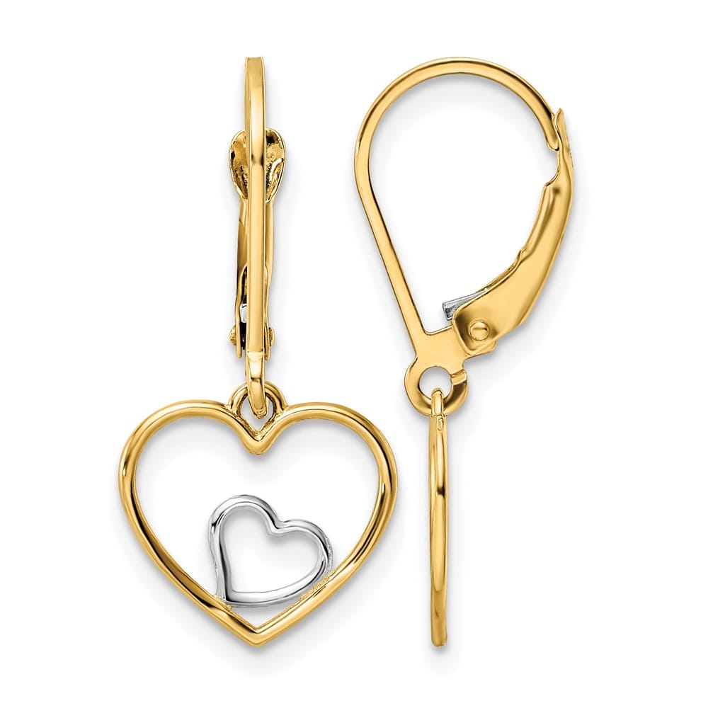 14K Yellow Gold White Rhodium Heart in Heart Leverback Dangle Earrings, view 1 of 4