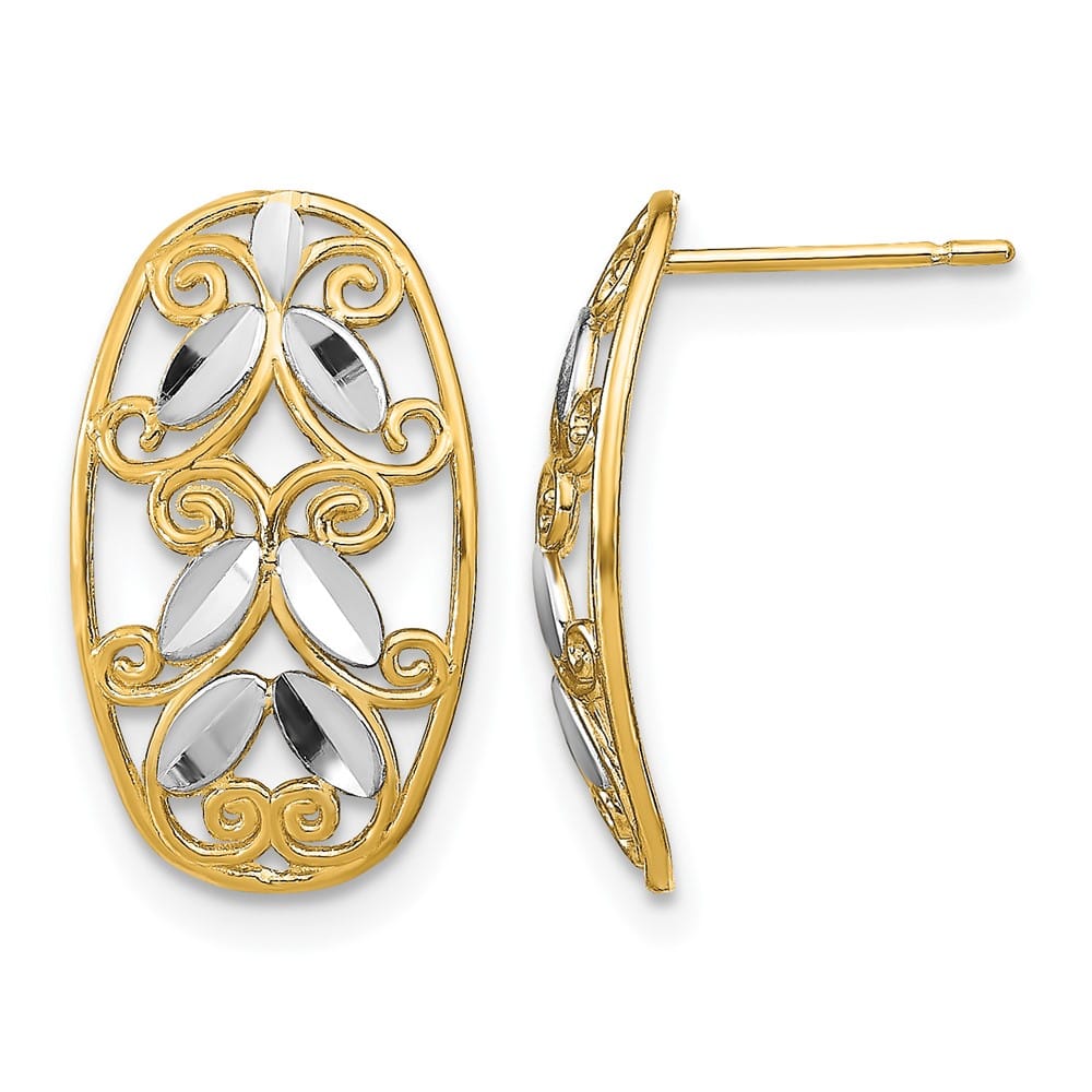 14K Yellow Gold White Rhodium Oval D.C. Filigree Post Earrings, view 1 of 4