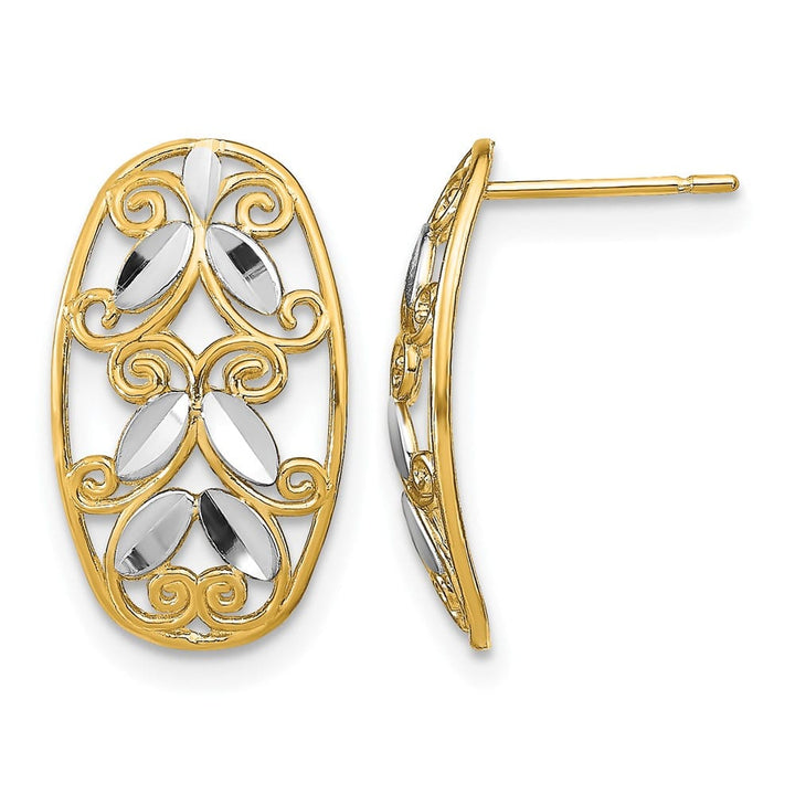 14K Yellow Gold White Rhodium Oval D.C. Filigree Post Earrings, view 1 of 4