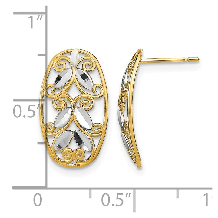 14K Yellow Gold White Rhodium Oval D.C. Filigree Post Earrings, view 4 of 4