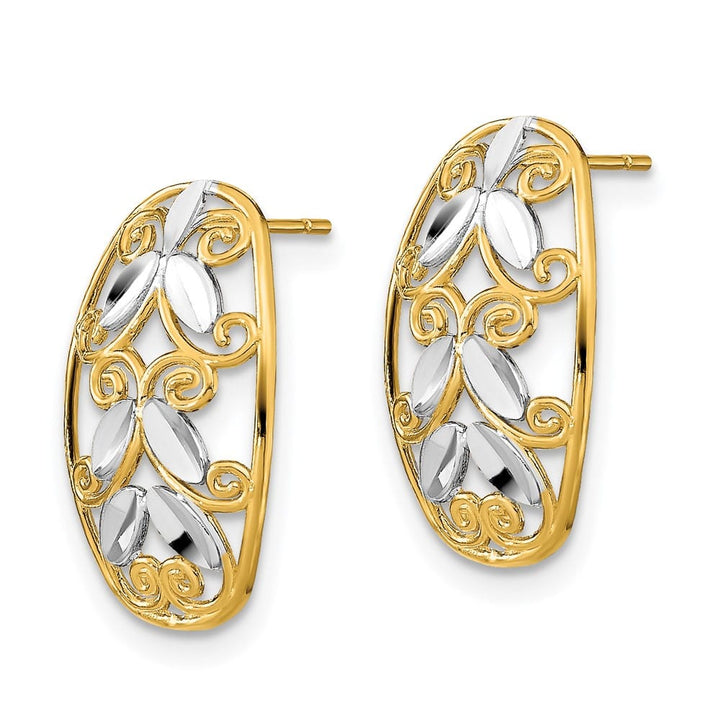 14K Yellow Gold White Rhodium Oval D.C. Filigree Post Earrings, view 2 of 4