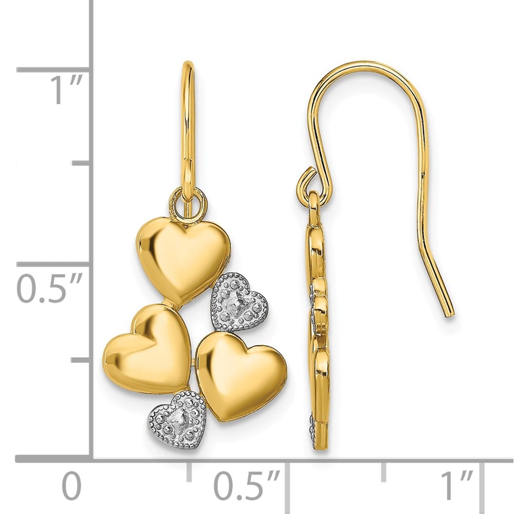 14K Yellow Gold White Rhodium Polished Hearts French Hook Earrings, view 4 of 4