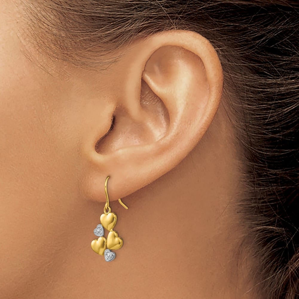 14K Yellow Gold White Rhodium Polished Hearts French Hook Earrings, view 3 of 4