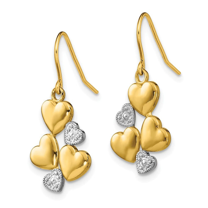 14K Yellow Gold White Rhodium Polished Hearts French Hook Earrings, view 2 of 4